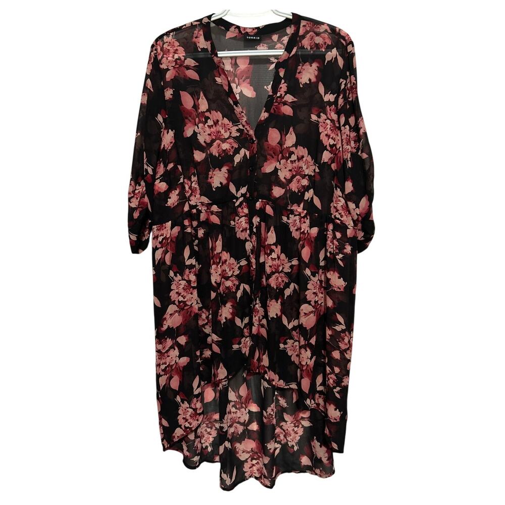 Torrid Black Pink Floral Quarter Sleeve Sheer Flowy Dress Cover Up Size ? 1X